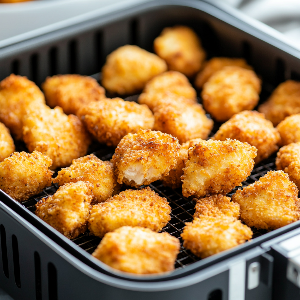 Air fryer basket with low-carb chicken nuggets