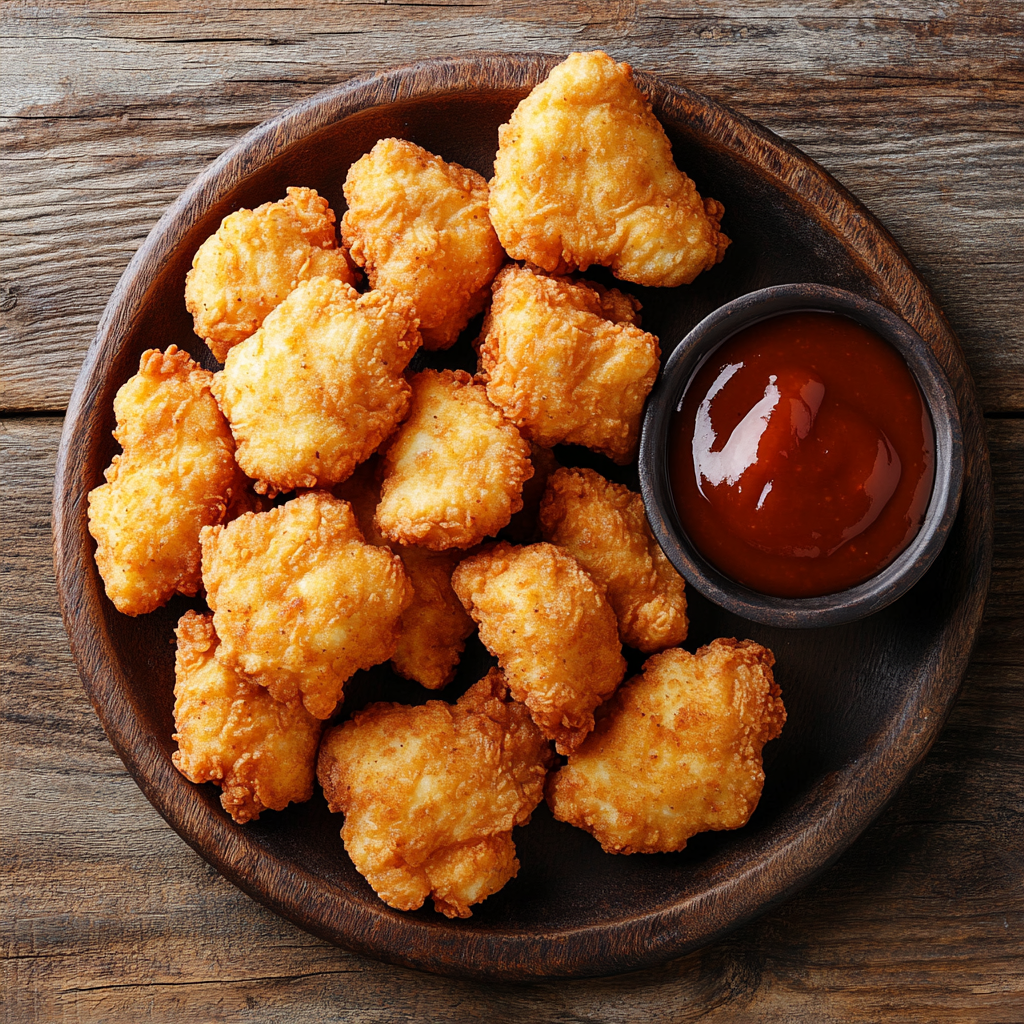Golden crispy keto chicken nuggets on a rustic plate